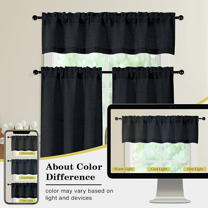 Black Kitchen Curtains 24 Inch Length 2 Panels, Light Filtering Faux Linen - Image 7
