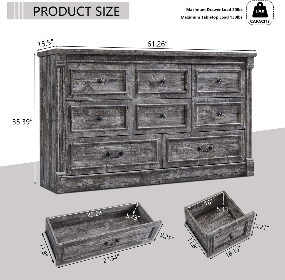 Aitjunz Farmhouse 61" Wide 8 Drawers Dresser for Bedroom, Light Grey