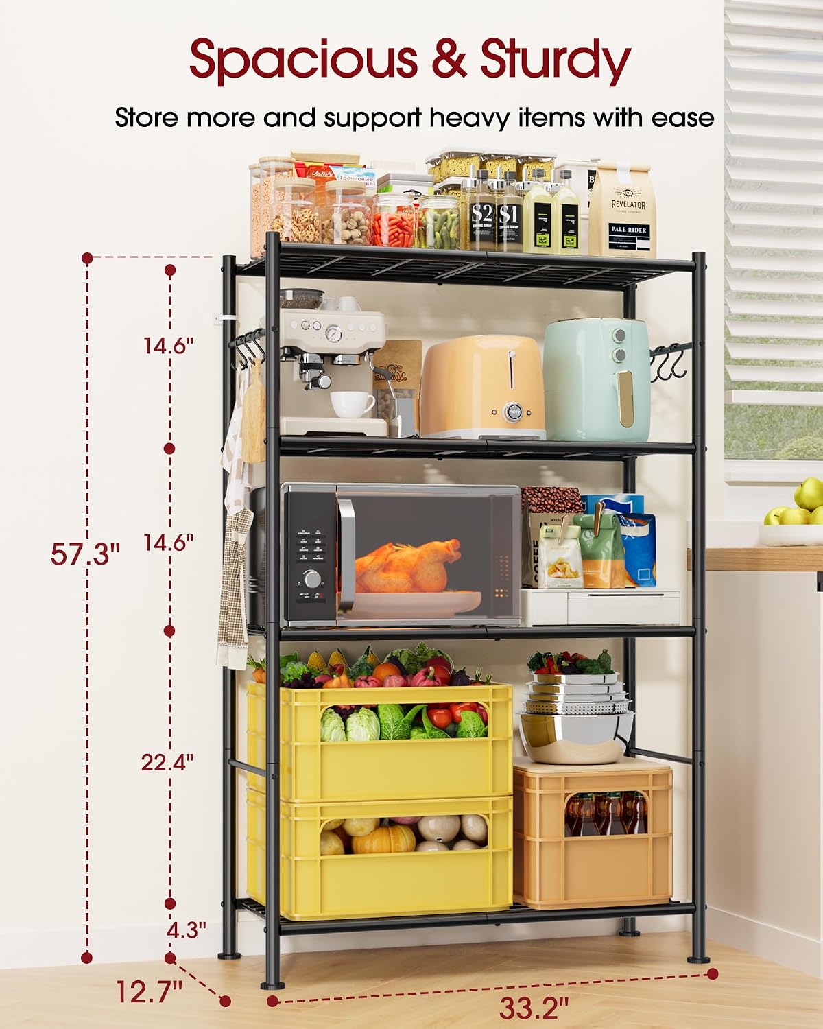 sakugi 4-tier storage shelves with 6 hooks, 33.2", close-up detail