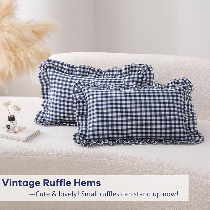 2 Pack Navy Blue Plaid Ruffle Gingham Lumbar Pillow Shams, 100% Washed Cotton - Image 4