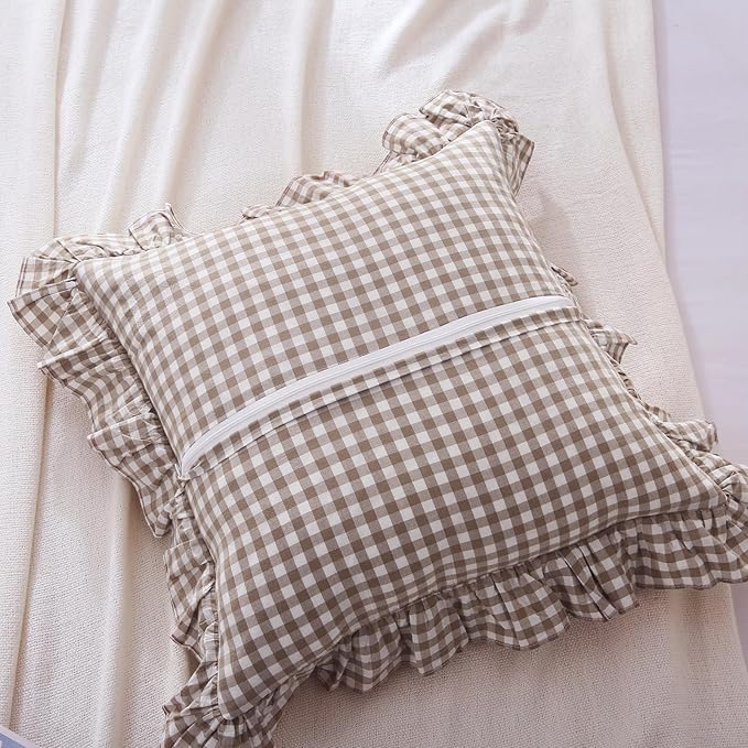Taupe Plaid Ruffle Decorative Throw Pillow Covers - Image 4