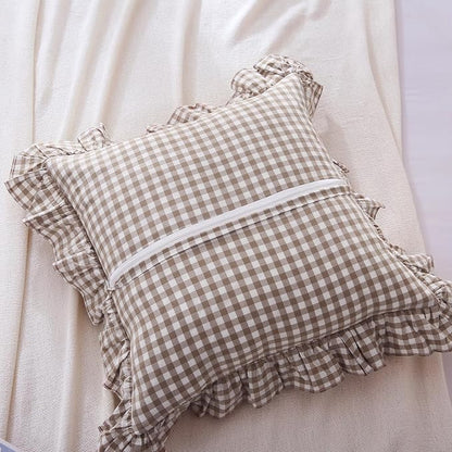 Taupe Plaid Ruffle Decorative Throw Pillow Covers - Image 4