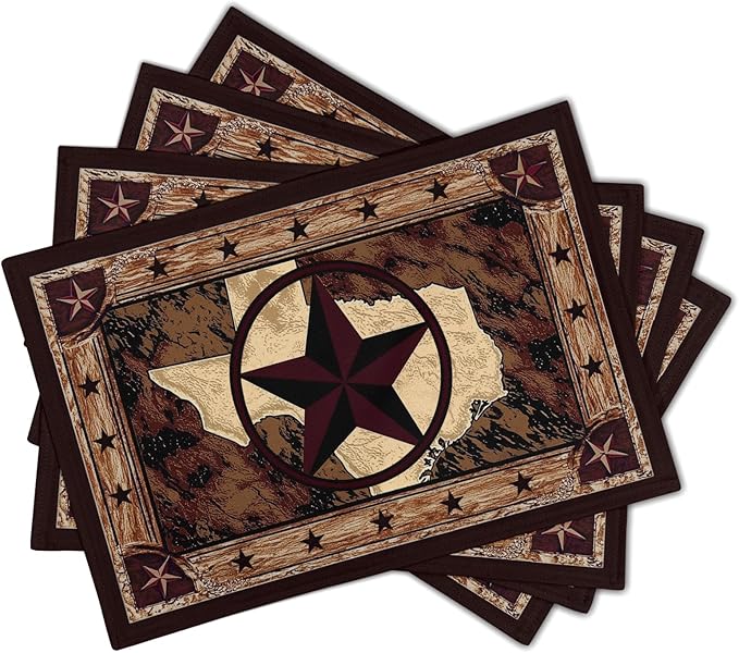 Giwawa Texas Stars Placemats Set of 4, Rustic Western Style Brown Wood Linen - Image 2