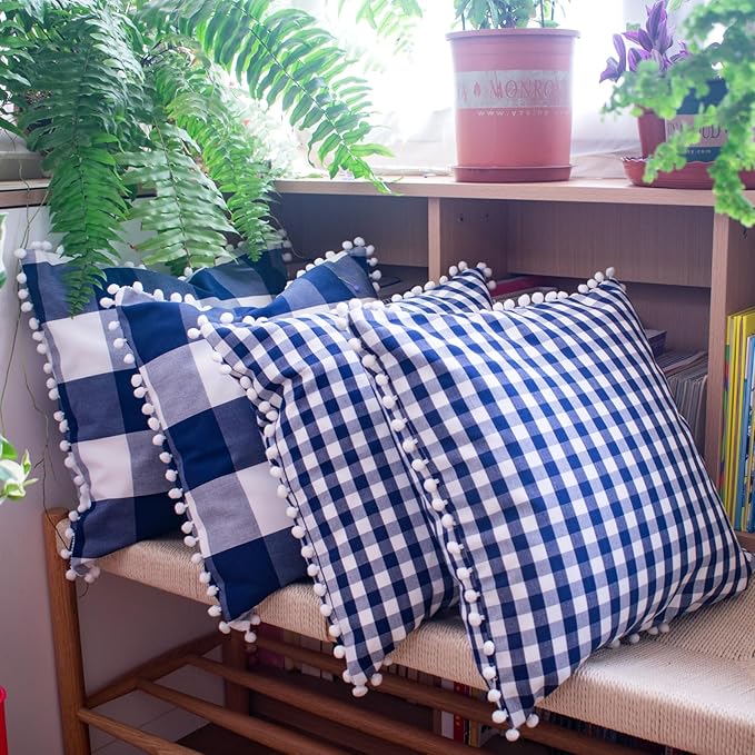 HOPLEE Farmhouse Gingham Pillow Covers Navy Blue Pillow Covers 18x18 Farmhouse - Image 9