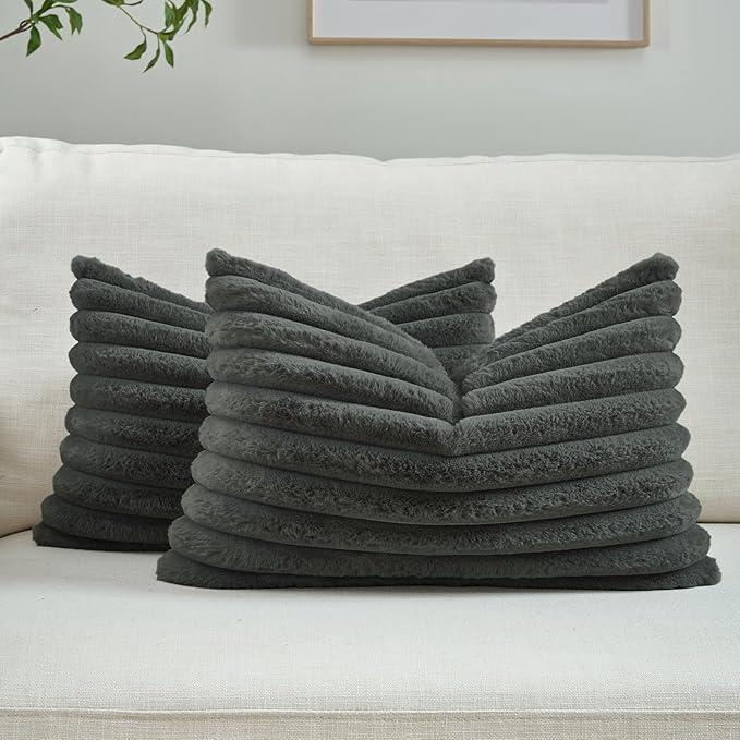 FUTEI Dark Grey Throw Pillow Covers Set of 2, 12x20 Inch Striped Texture Lumbar by FUTEI