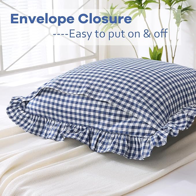 2 Pack Navy Blue White Plaid Ruffle Gingham Euro Shams Pillow Covers, 100% - Image 4