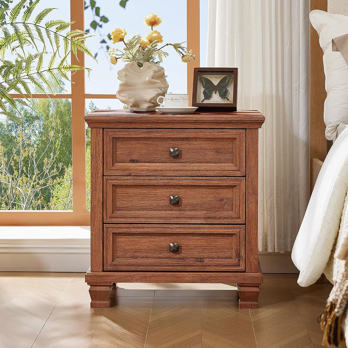 savor life 3-drawer farmhouse nightstand with solid wood, close-up detail