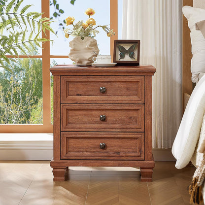 savor life 3-drawer farmhouse nightstand with solid wood, close-up detail