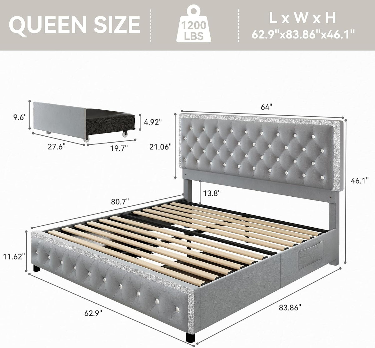 torana queen led bed frame with 2 storage shown in use