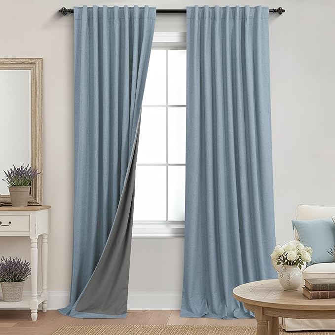 KOUFALL 52x102 Inches Long Stone Blue Back Tab Linen Blackout Curtains by KOUFALL