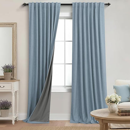 KOUFALL 52x102 Inches Long Stone Blue Back Tab Linen Blackout Curtains by KOUFALL