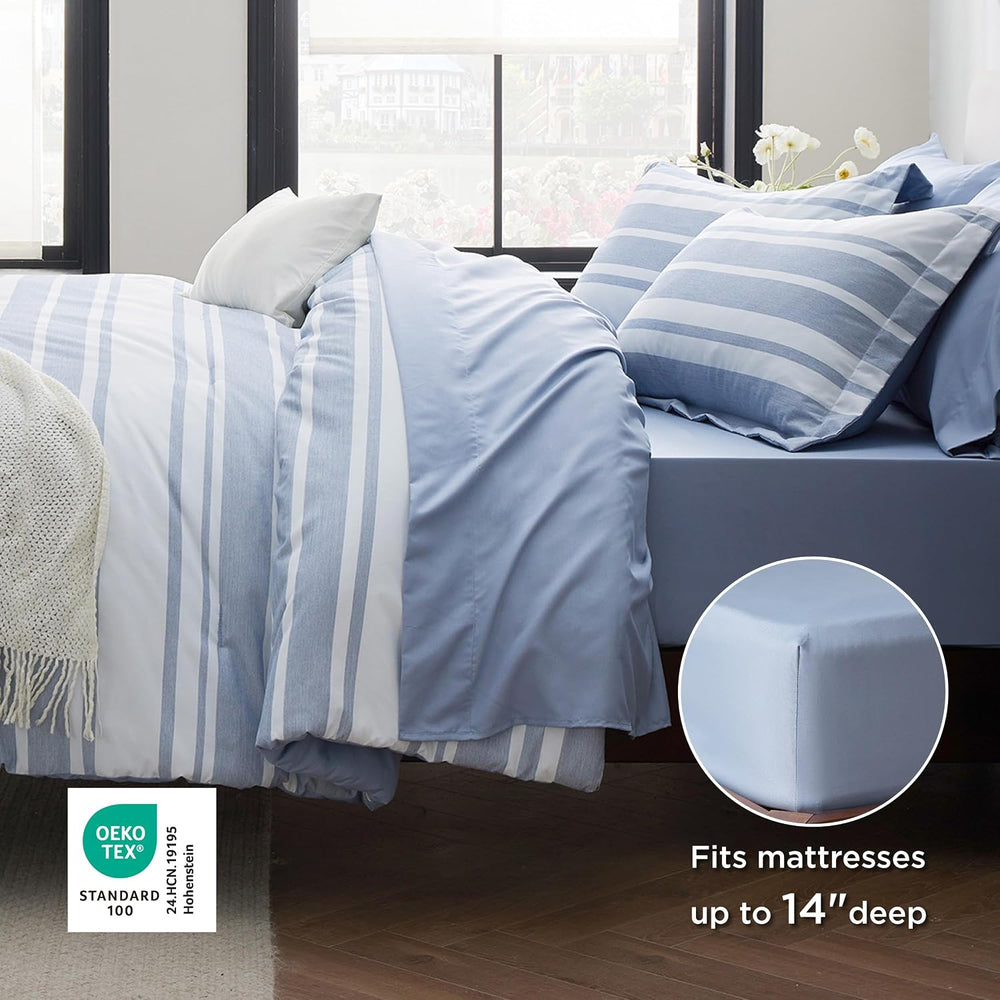 Bedsure Full Comforter Set 7 Pc, Blue Striped, Reversible, All-Season