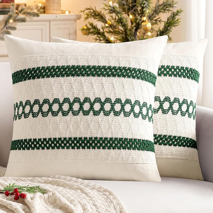 MIULEE Set of 2 Dark Green Boho Christmas Decorative Pillow Covers 20x20 Inch by MIULEE