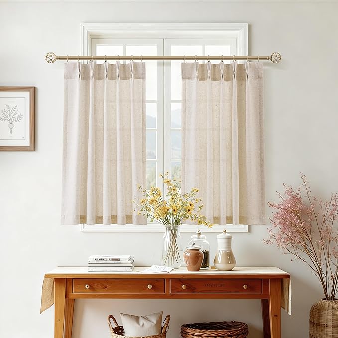 Short Natural Pinch Pleated Linen Kitchen Curtains 30 Inch Length 2 Panels Set - Image 9