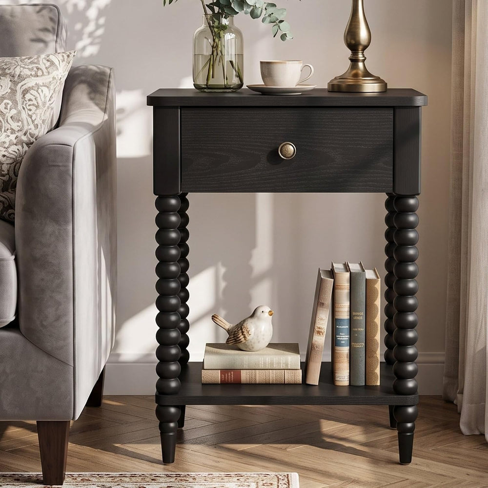 Black Nightstand, 25" H, Spindle Legs, Drawer & Open Shelf