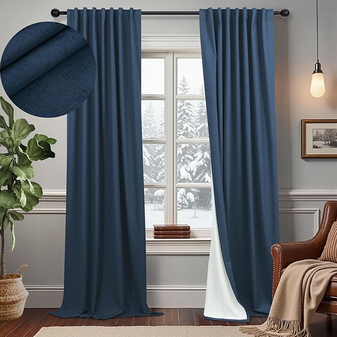 Navy Blue Blackout Curtains for Living Room 84 Inch Length 2 Panel Set Back Tab by DANCURTON