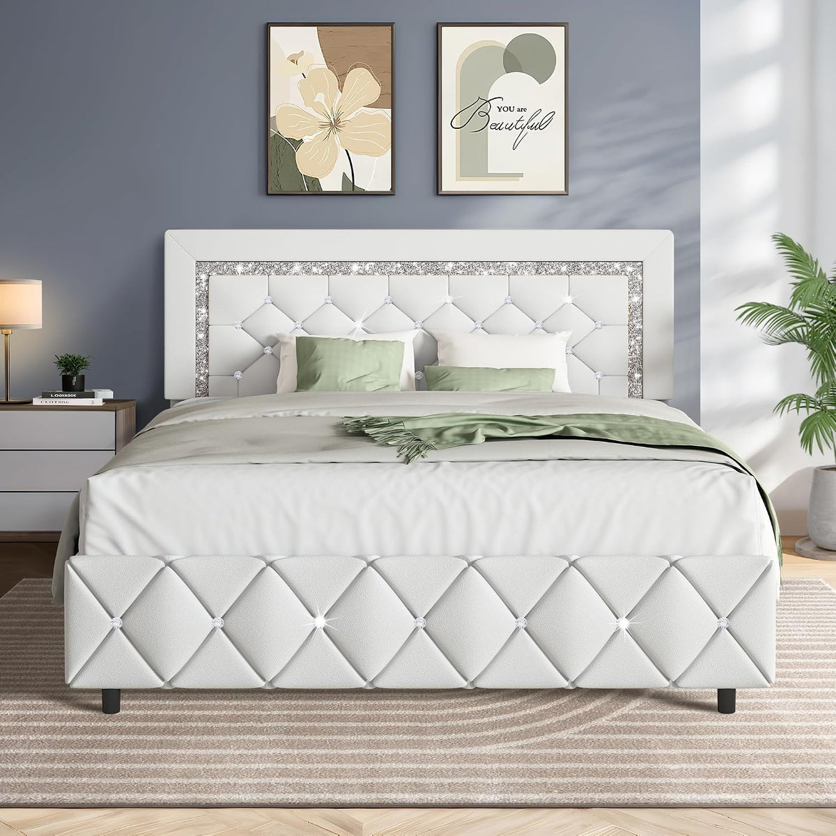 hombck queen bed frame with headboard, diamond tufted on a desk or shelf