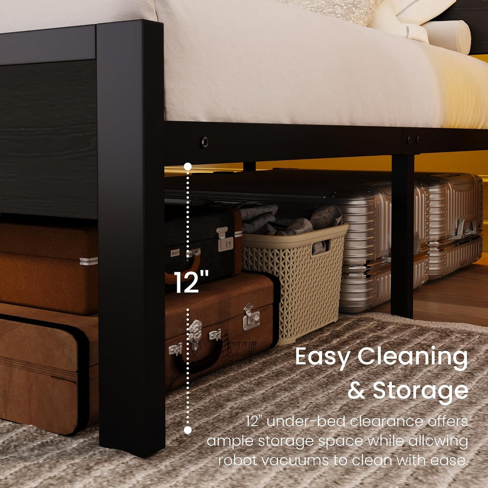 SHA CERLIN Queen Size Bed Frame, Led Light, Charging Station, Storage Shelf