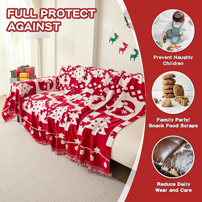 MEETSKY Christmas Couch Cover for Sectional Sofa, Chenille Loveseat Red Sofa - Image 3