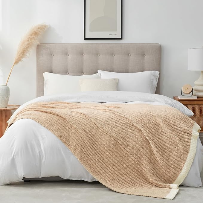 Snuggle Sac Soft Ribbed Beige Throw Blanket - Image 7