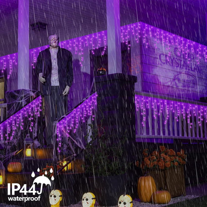 QITONG Purple Halloween Lights, 33ft 400 LED Icicle Lights for Outside Plug in, Clear Wire Connectable String Light Indoor with 8 Modes