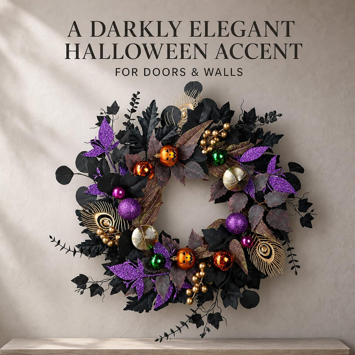 22-Inch Black and Purple Halloween Wreath for Front Door with Light String