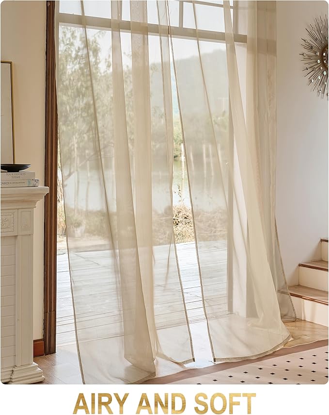 Foil Stripe Taupe Sheer Curtains 104 inches Length 2 Panels - Image 4