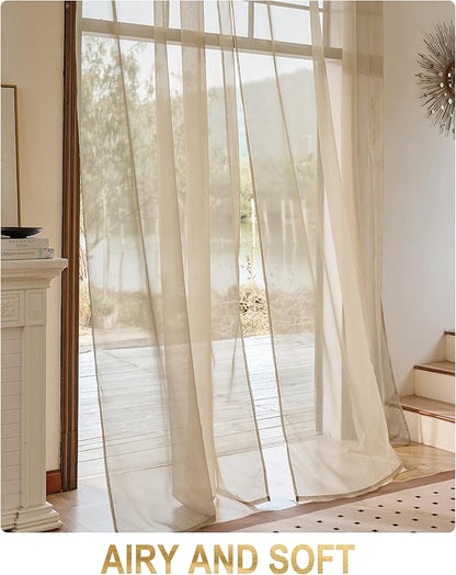 Foil Stripe Taupe Sheer Curtains 104 inches Length 2 Panels - Image 4