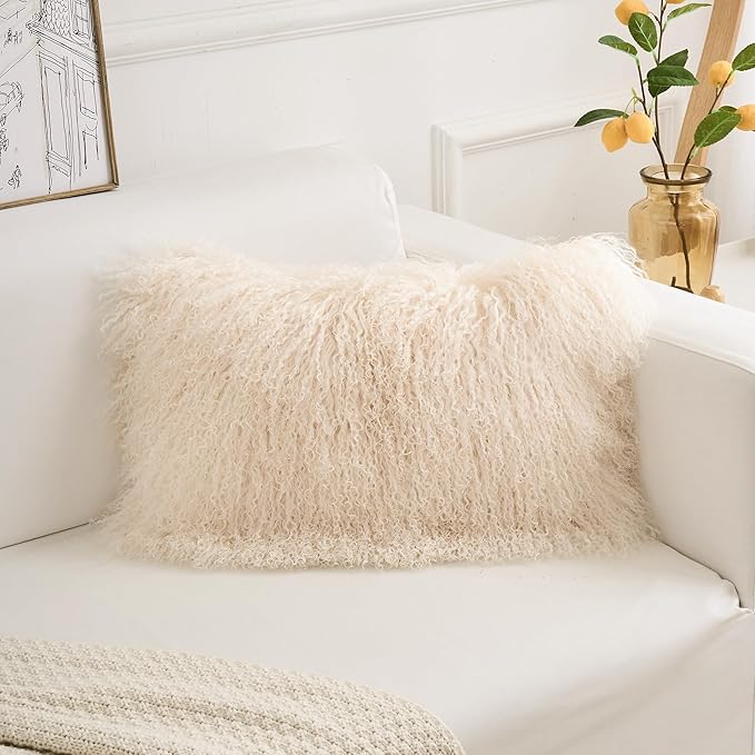 Genuine Mongolian Lamb Fur Pillow Cover – 12"x20" Rectangular Cushion Case – - Image 2