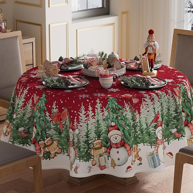 XCHI Snowman Gingerbread Man Tree Winter Tablecloth Round Christmas Table Cloth by XCHI