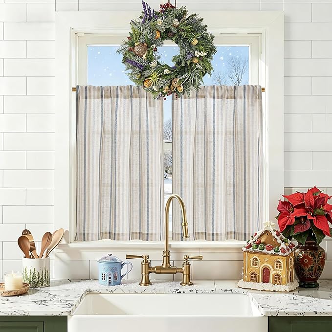 jinchan Colorful Striped Linen Kitchen Curtains 36 Inch Christmas Tier Curtains by JINCHAN