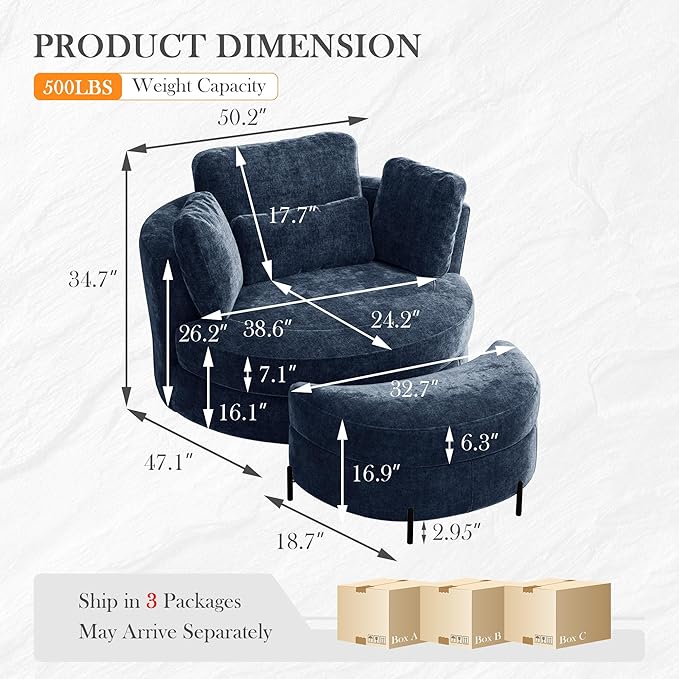 Aoiy & Wifon 50.2'' W Oversized Swivel Barrel Chair - Image 2