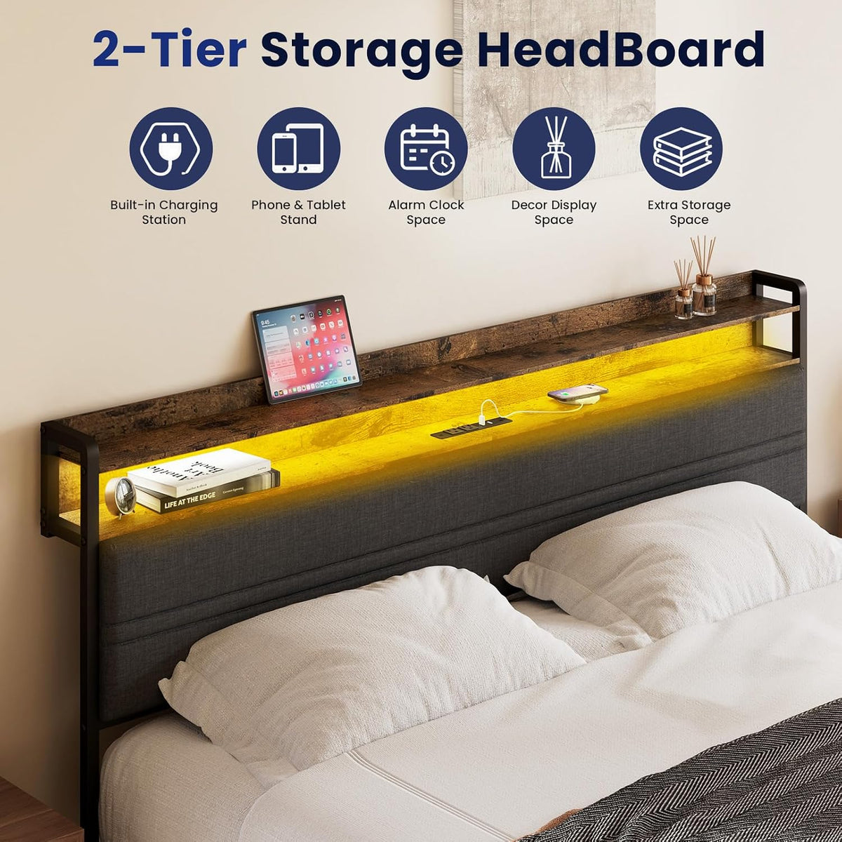grusign queen size bed frame with led light, close-up detail
