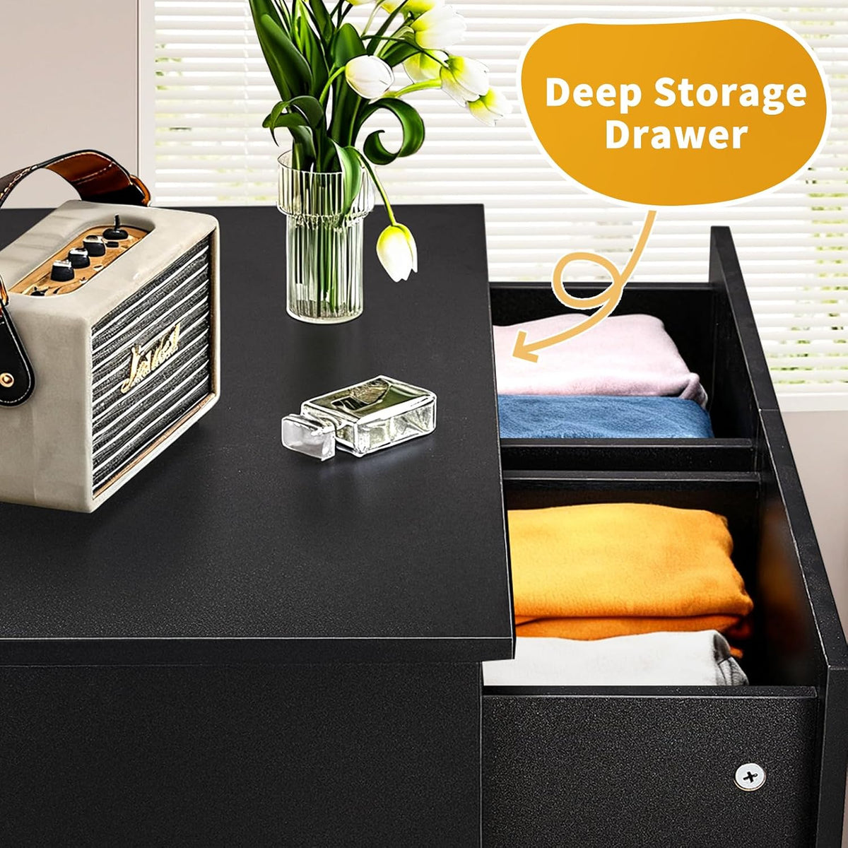 karl home black 7 drawer dresser, wood chest showing dimensions