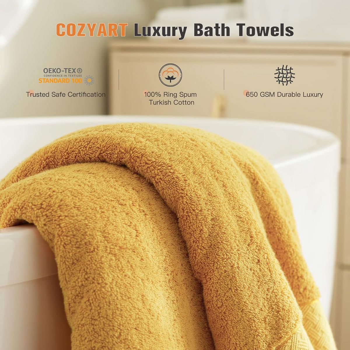 cozyart bath towel set 6 pcs, luxury gold, close-up detail