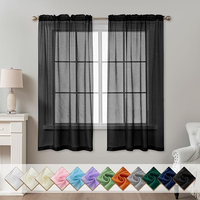 Black Sheer Curtains 63 Inch Length, Privacy Semi Sheer Curtains by ABLUEN