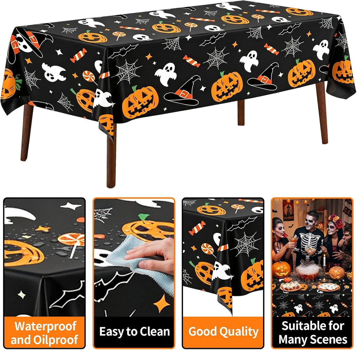 CXPSINC 54 Inch X 300 Feet Plastic Table Cover Roll Disposable Halloween Tablecloth with Slide Cutter Pumpkin Ghost Plastic Table Covers for Halloween Party Decorations(Pumpkin Ghost, 300 Feet)