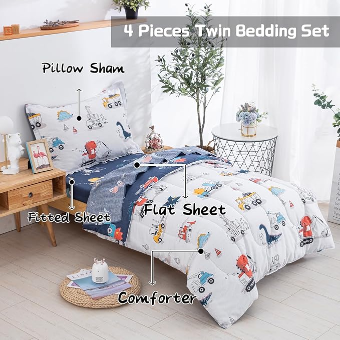 DJY Cotton Twin Bedding Set, Dinosaur Cars Reversible Twin Comforter Set - Image 3