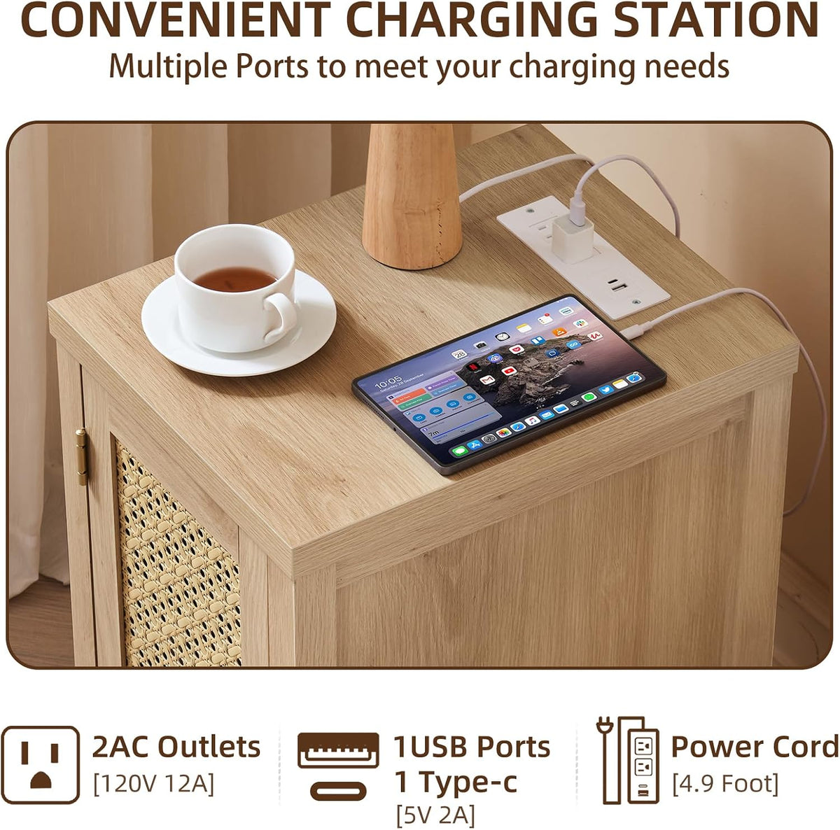yufam rattan nightstand set of 2 with charging, side view