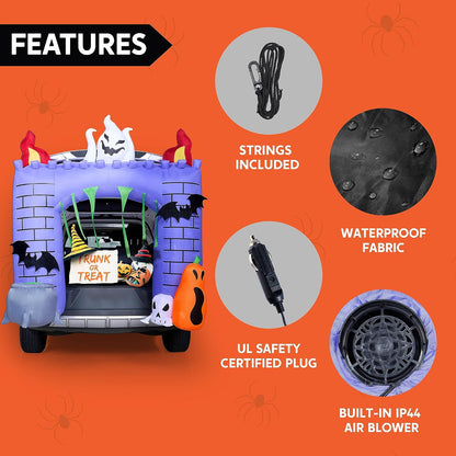 Joiedomi 6 ft Halloween Inflatable Outdoor Decorations, Trunk or Treat Car Decorations, Halloween Blow Ups Haunted Castle with Build-in LEDs, Inflatable Pumpkin and Ghost for Outside Decor
