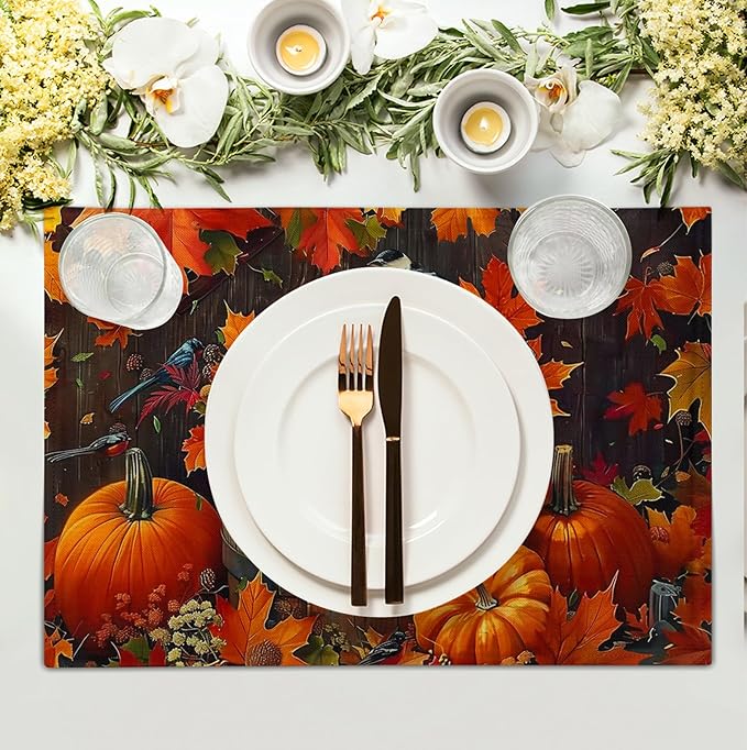 Pumpkin Maple Leaf Bird Fall Placemats Set of 4 Autumn Thanksgiving Seasonal - Image 3