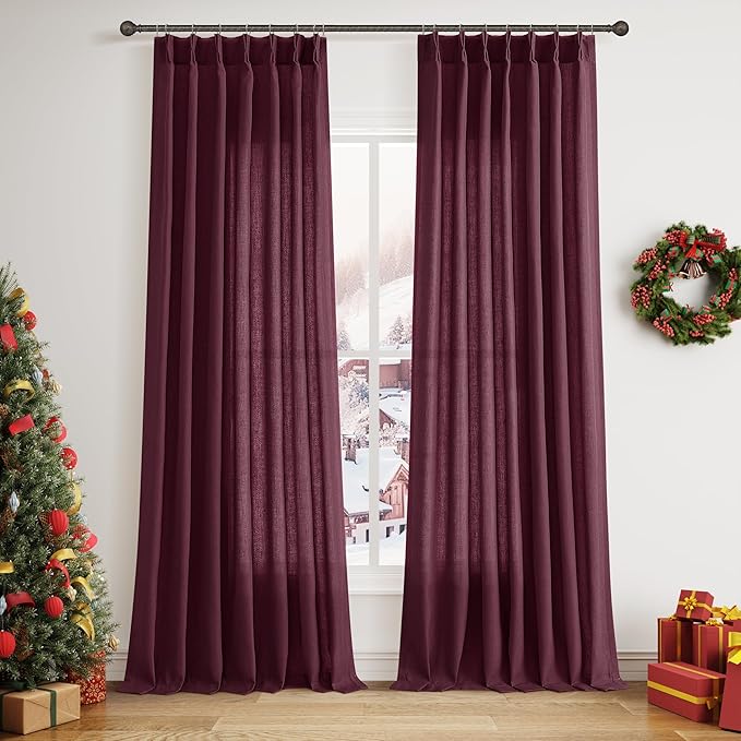 Burgundy Pinch Pleated Linen Curtains 102 Inch Length 2 Panels by Aersas