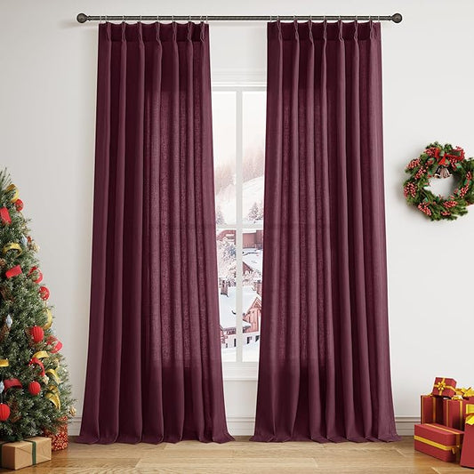 Burgundy Pinch Pleated Linen Curtains 102 Inch Length 2 Panels by Aersas