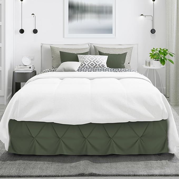 Nestl Olive Green Bed Skirt Full Size, Pinch Pleat Full Bed Skirt, Olive Green - Image 2