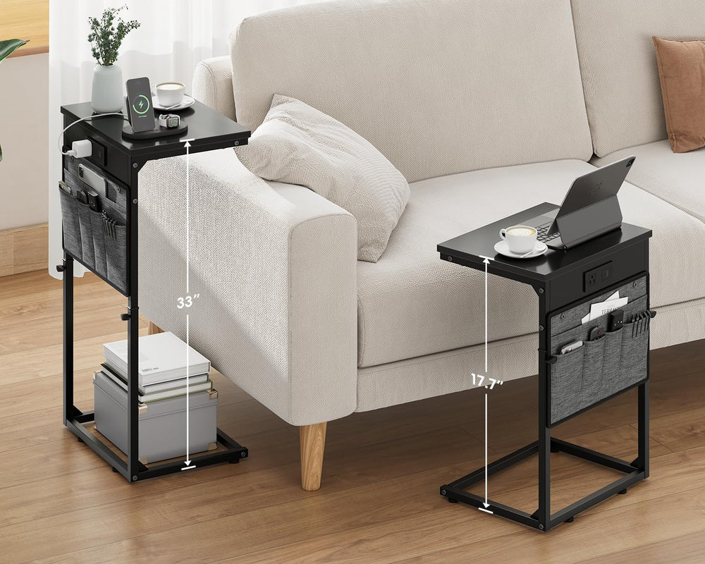 Vagusicc C Shaped End Table with Charging Station, Tall C Table End Table Adj...