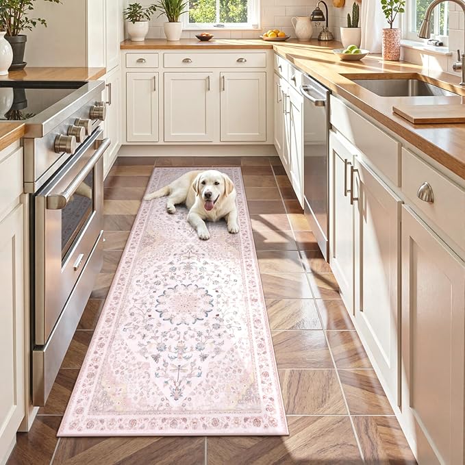Moynesa Washable 2x6 Pink Hallway Runner Rug, Cute Girl Floral Print Runner - Image 2