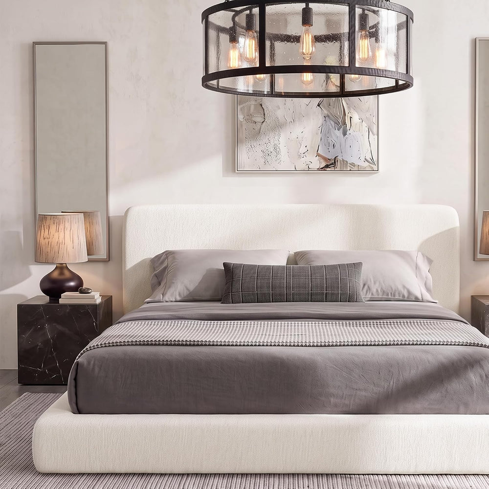 Full Size Cloud Bed Frame, White Upholstered Platform Bed Frame, Bed Base