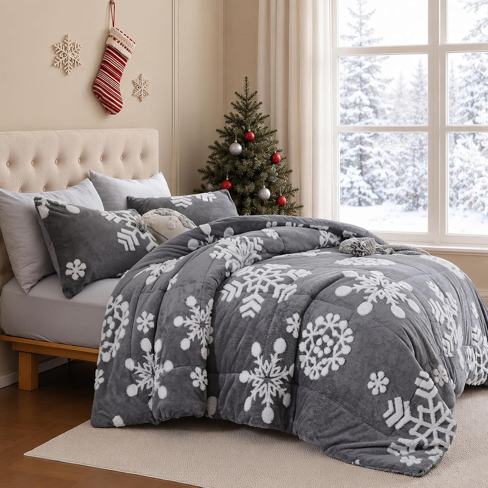 JANZAA Christmas Comforter Set Queen, Dark Grey Snowflake Christmas Bedding