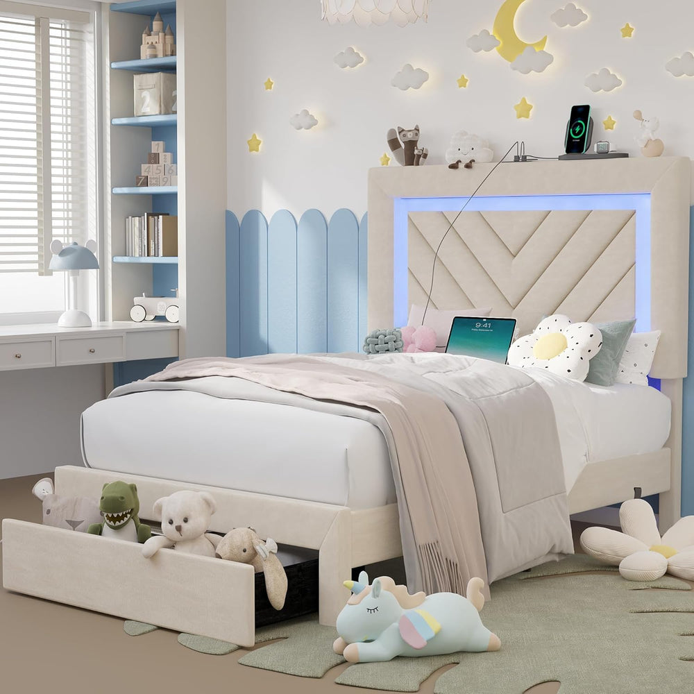 Twin Bed Frame with Adjustable Charged Headboard & Drawer, Off White