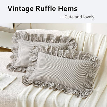 Aryeleay 2 Pack Brown White Plaid Gingham Ruffle Pillow Shams, 100% Washed - Image 3